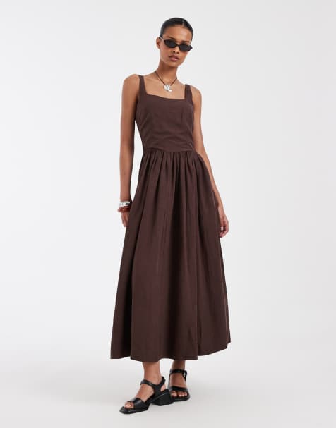 & Other Stories - Vestito midi marrone con dettaglio stile corsetto e gonna a sbuffo - view 1