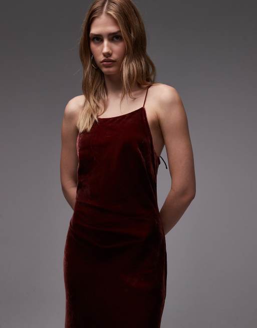 & Other Stories - Vestito midi rosso bordeaux scuro in velluto e chiffon con spalline sottili, 4 di 4