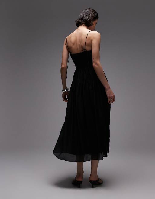 & Other Stories - Vestito milkmaid midi nero con punto smock e spalline sottili, 4 di 4
