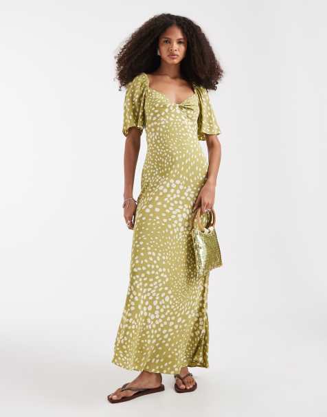 & Other Stories viscose puff sleeve midaxi dress with twist sweetheart neckline in green polka dot - view 1