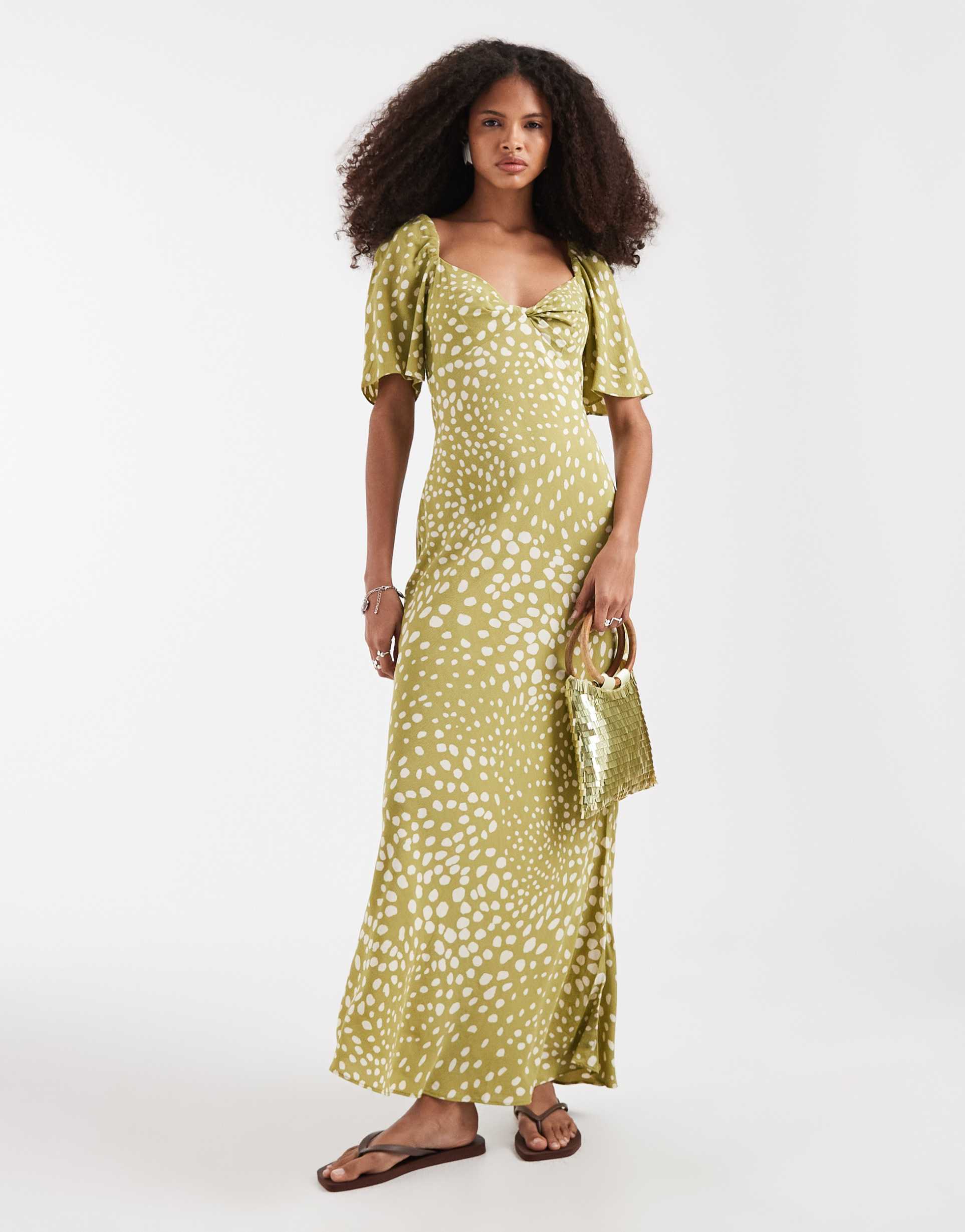 & other stories viscose puff sleeve midaxi dress with twist sweetheart neckline in green polka dot