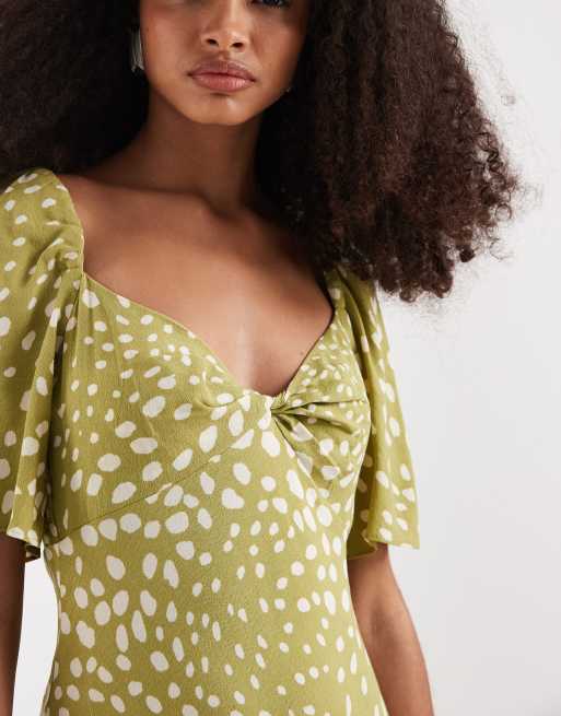 & Other Stories viscose puff sleeve midaxi dress with twist sweetheart  neckline in green polka dot | ASOS