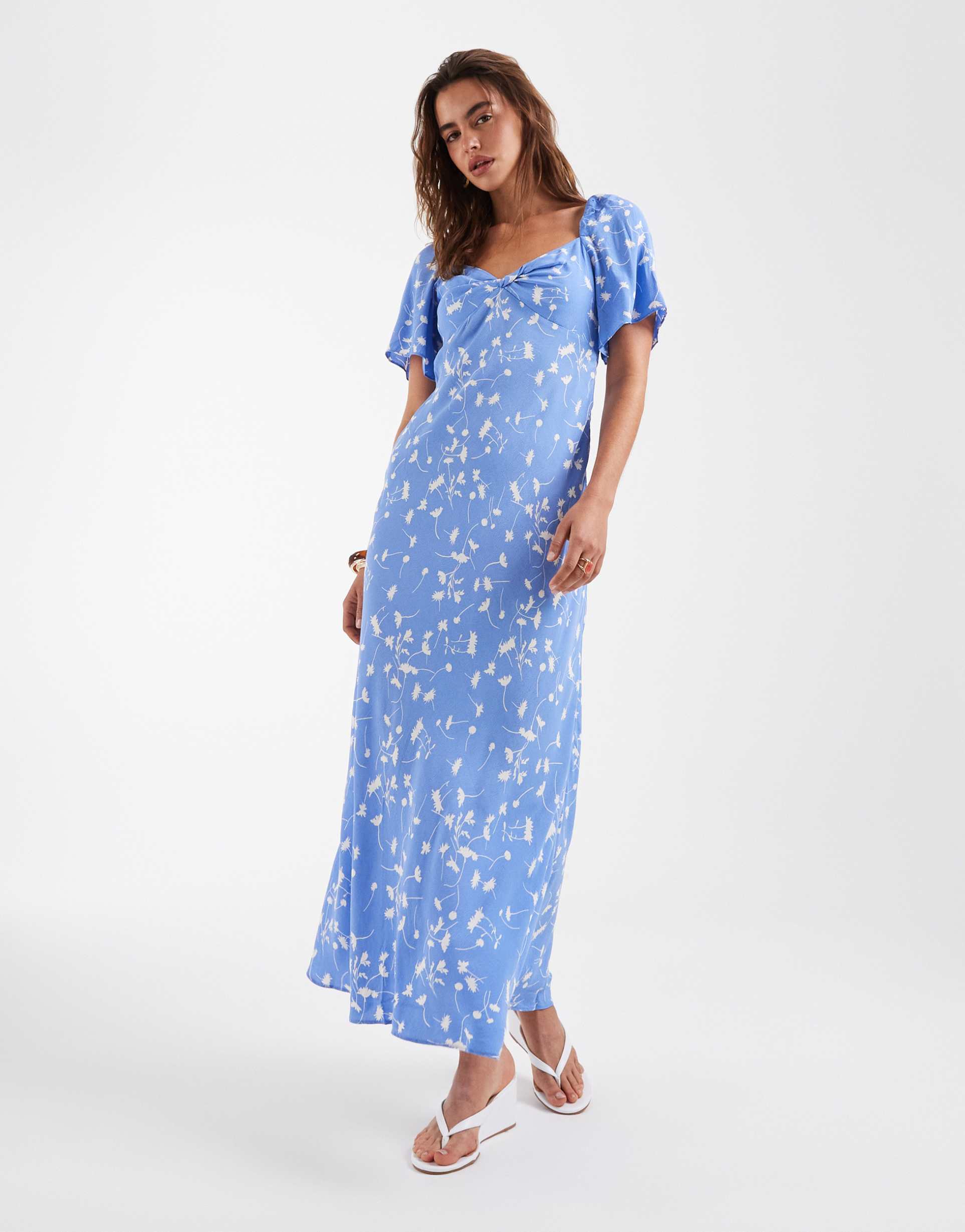 & other stories viscose puff sleeve midaxi dress with twisted sweetheart neckline in blue floral print