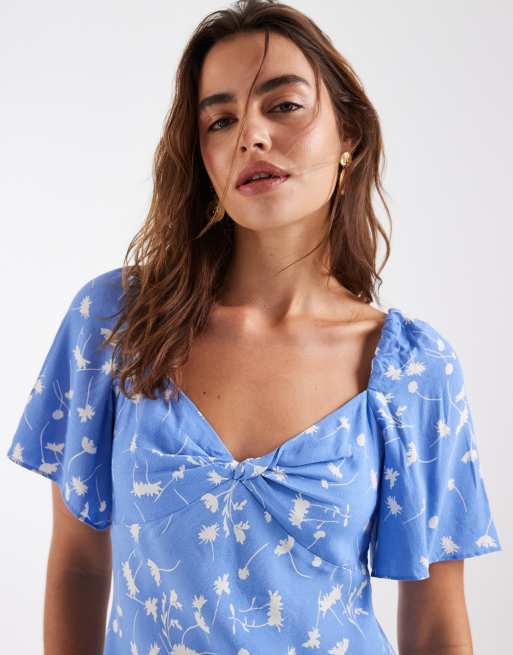 & Other Stories viscose puff sleeve midaxi dress with twisted sweetheart  neckline in blue floral print | ASOS