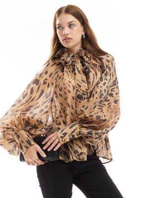 & Other Stories volume blouse with rose corsage tie neck in leopard print-Neutral