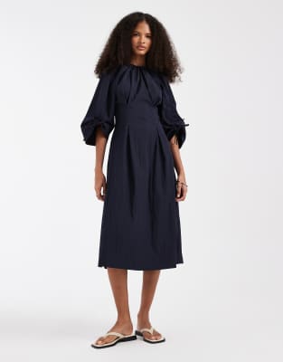 & Other Stories volume cinch sleeve midi dress in dark navy 