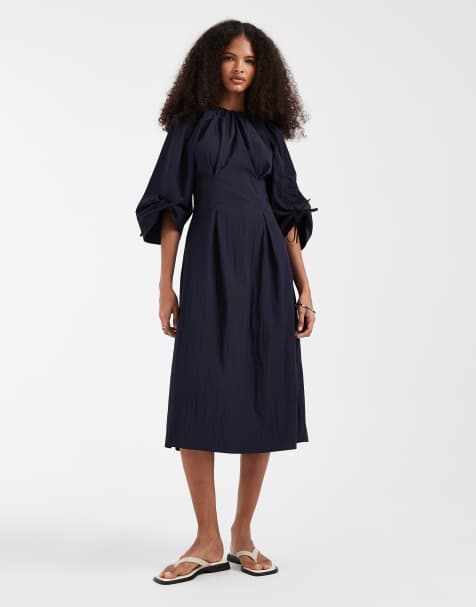 & Other Stories volume cinch sleeve midi dress in dark navy - view 1