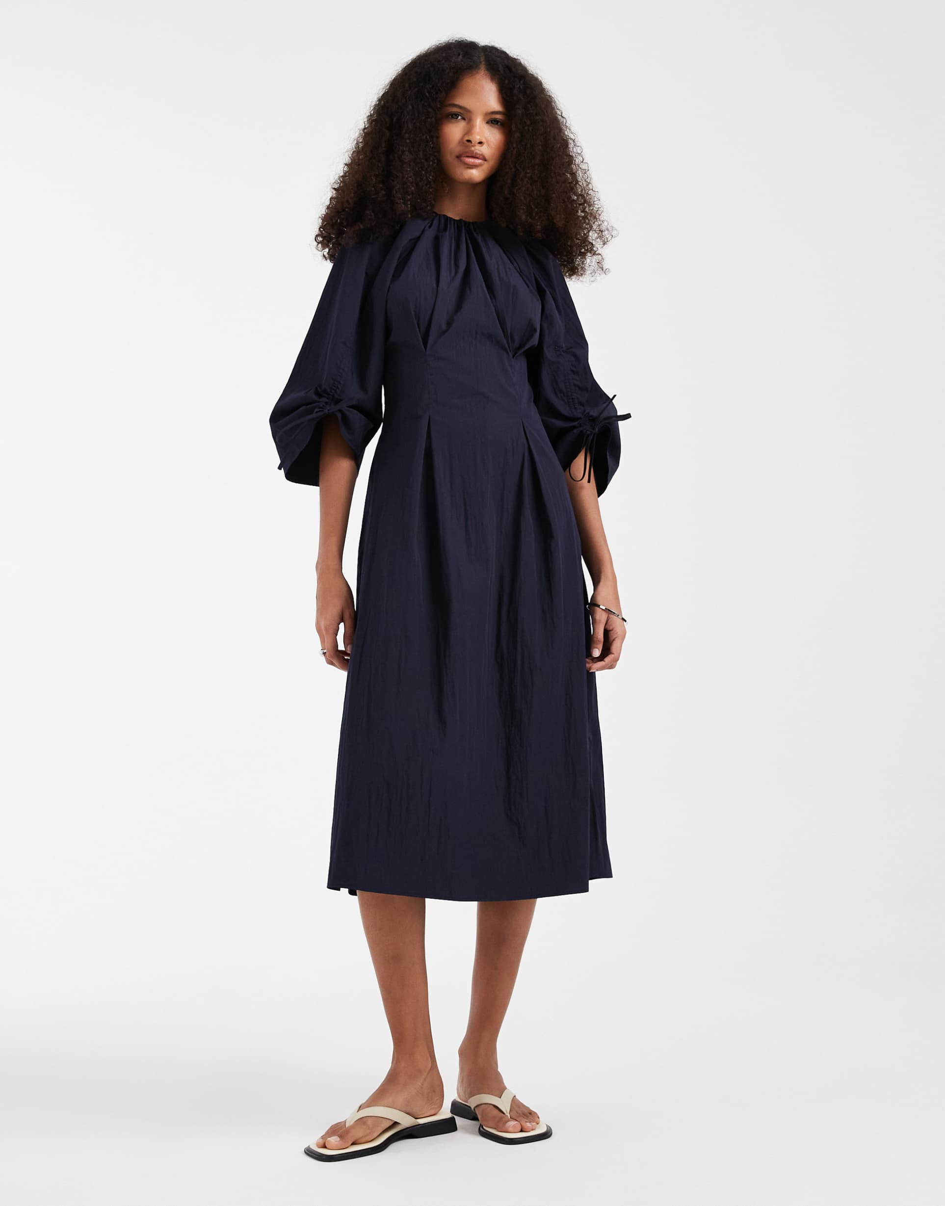 & other stories volume cinch sleeve midi dress in dark navy