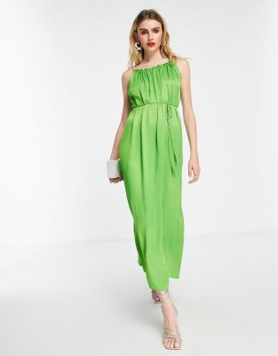 OTHER STORIES & OTHER STORIES VOLUME MAXI CAMI DRESS WITH BRAIDED BELT IN CRINKLE SATIN-GREEN