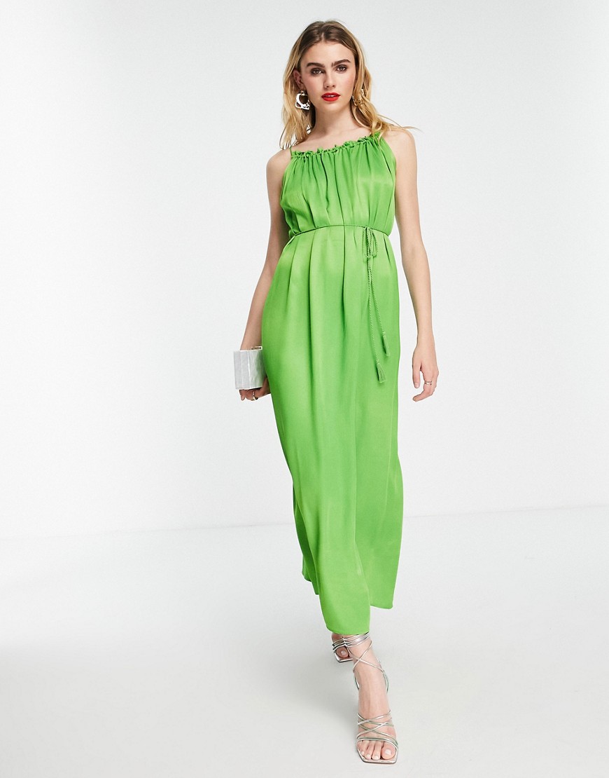 Shop Other Stories &  Volume Maxi Cami Dress With Braided Belt In Crinkle Satin-green