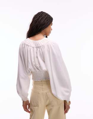 & Other Stories Volume Sleeve Blouse With Smocked Neckline And Bodice In White