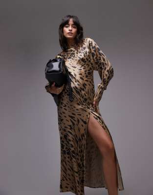 & Other Stories volume sleeve satin maxi dress with drape back detail in leopard print-Neutral