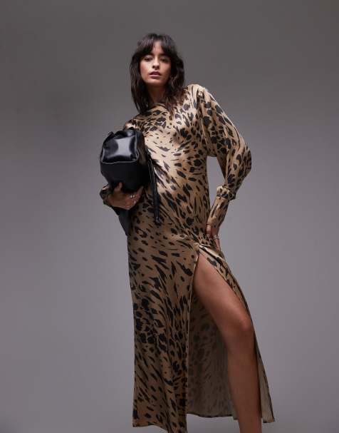 & Other Stories volume sleeve satin maxi dress with drape back detail in leopard print - view 1