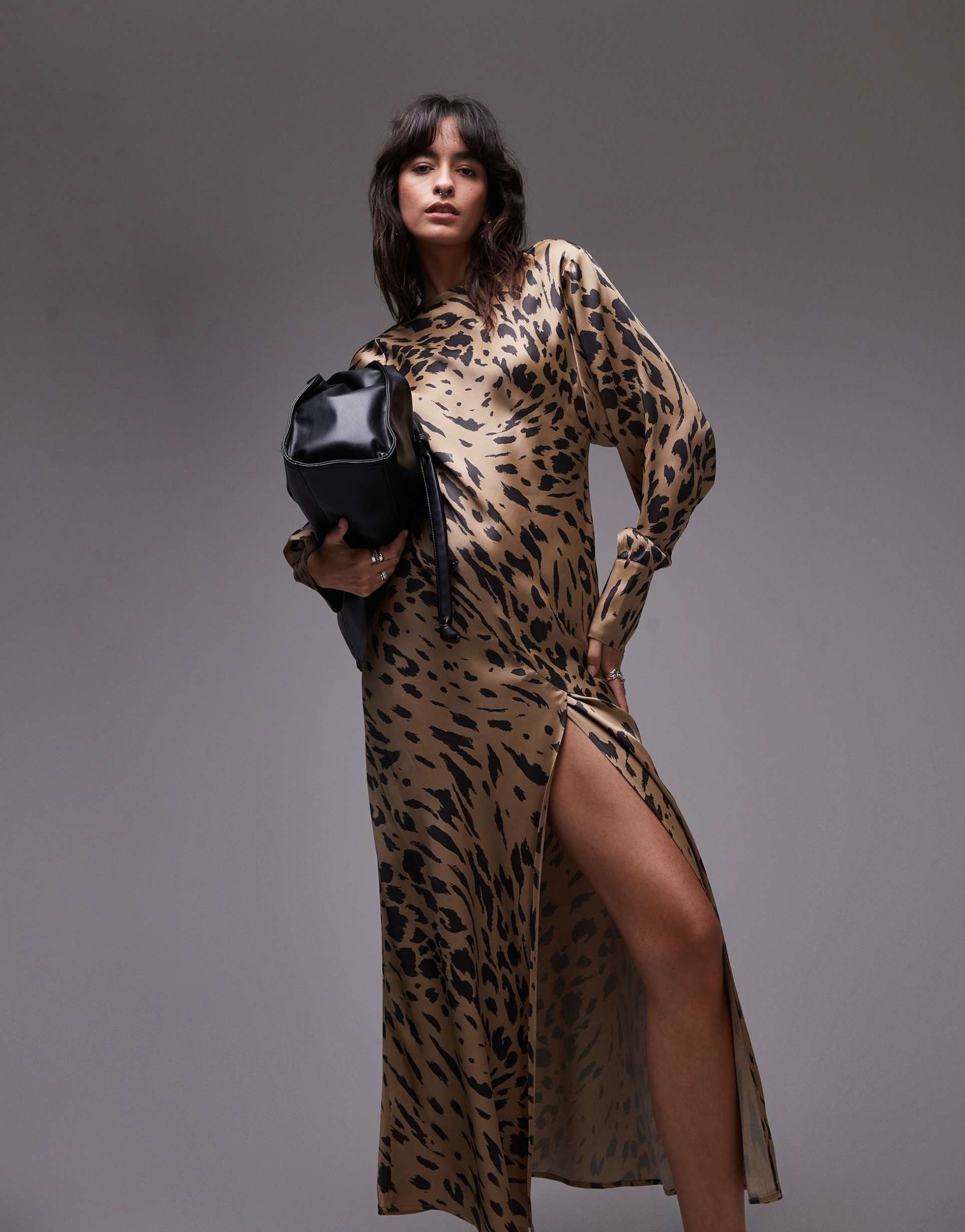 & other stories volume sleeve satin maxi dress with drape back detail in leopard print