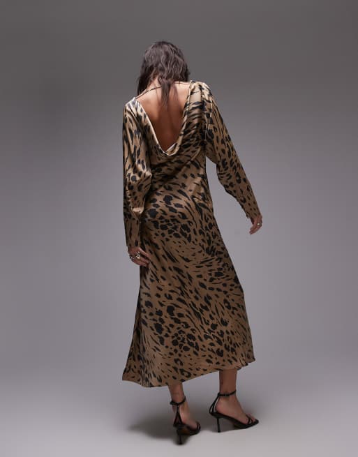 Other Stories Volume Sleeve Satin Maxi Dress with Drape Back Detail in Leopard print Neutral