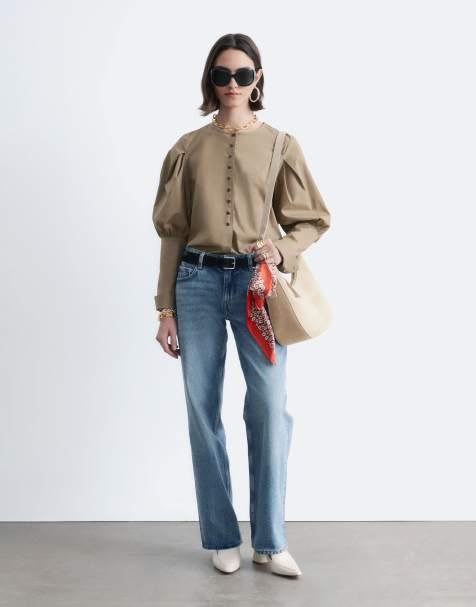 & Other Stories volume sleeve shirt with button detail in beige 