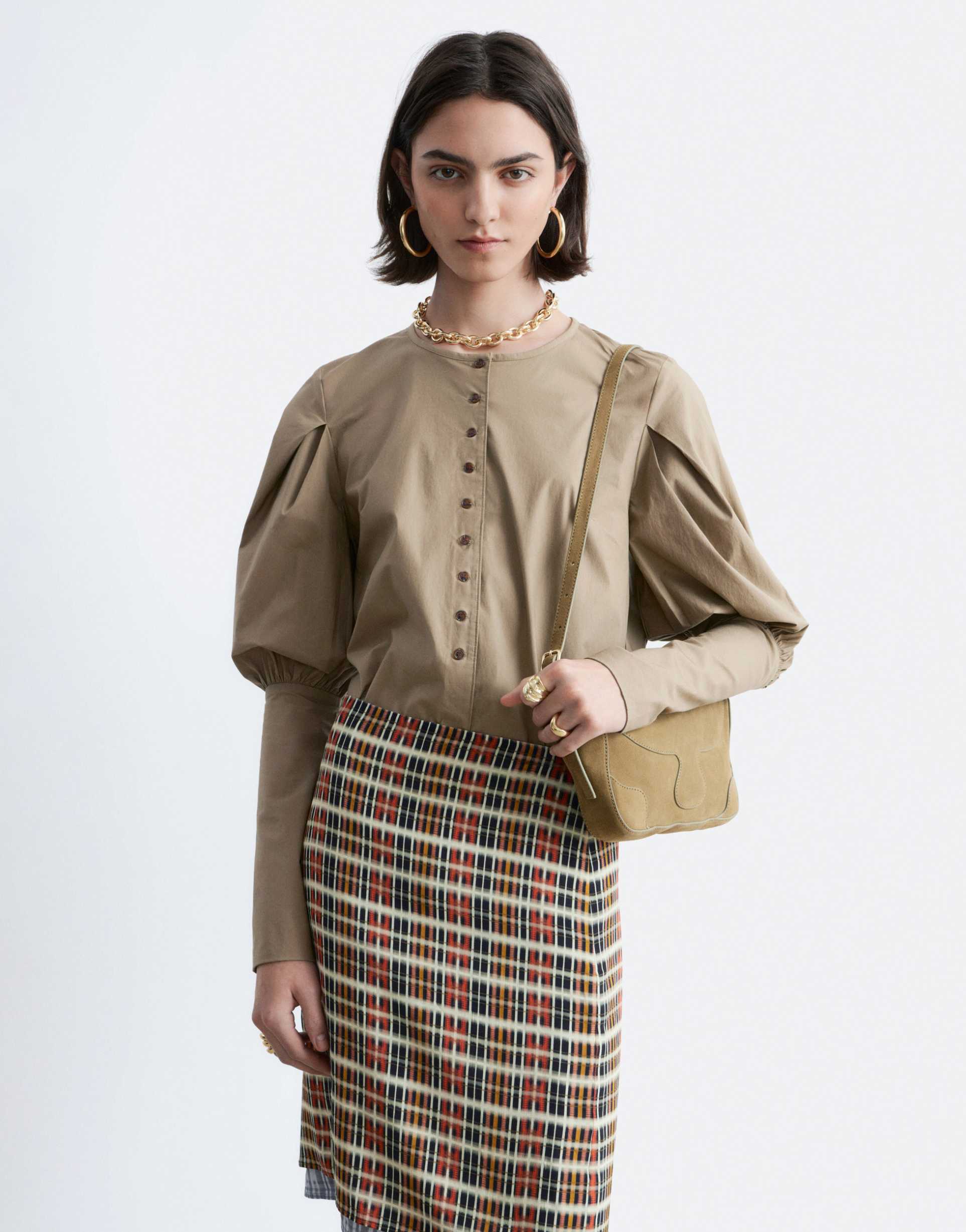 & other stories volume sleeve shirt with button detailing in beige