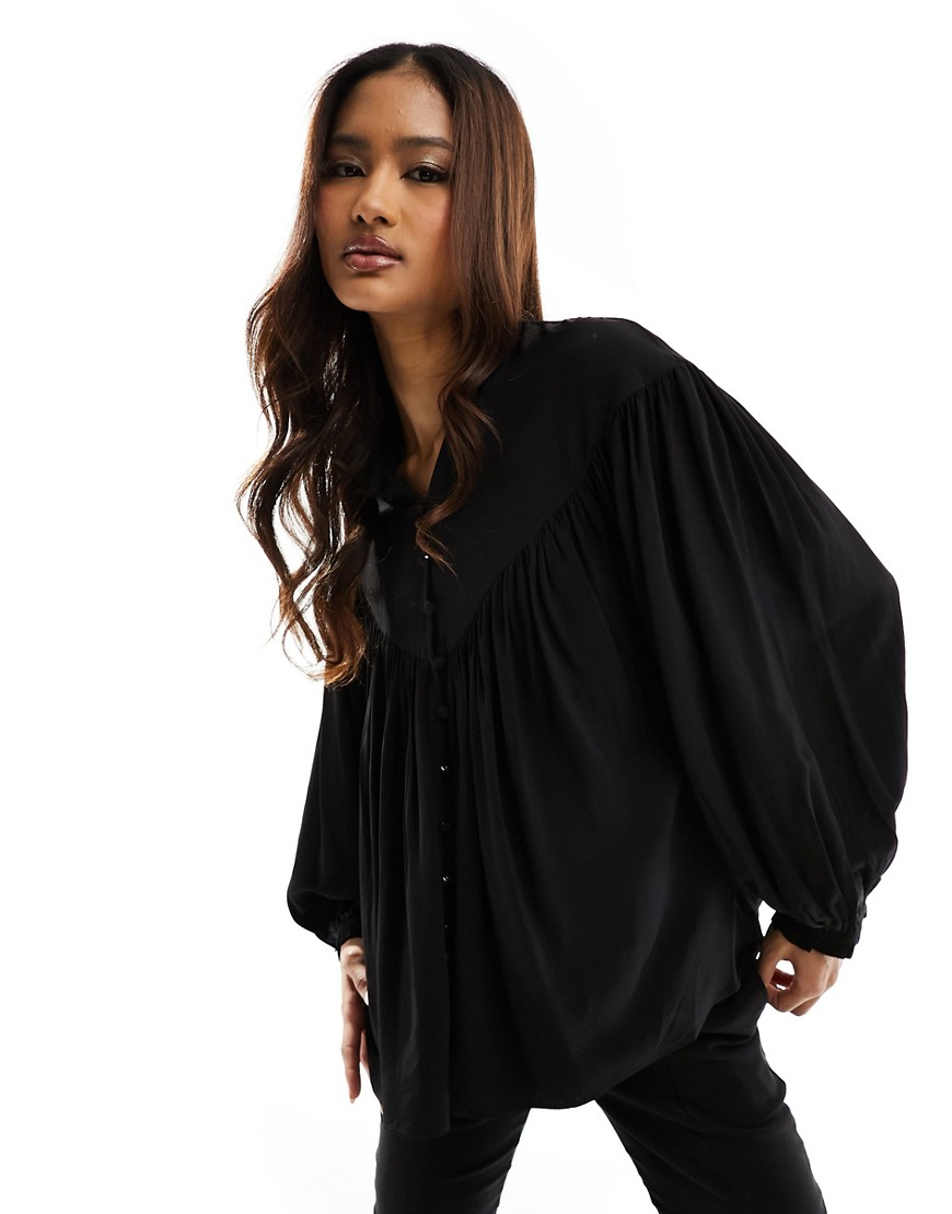 & Other Stories volume sleeve smocked blouse with frill neck in black