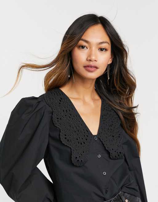 Other Stories volume sleeve statement collar blouse in black ASOS