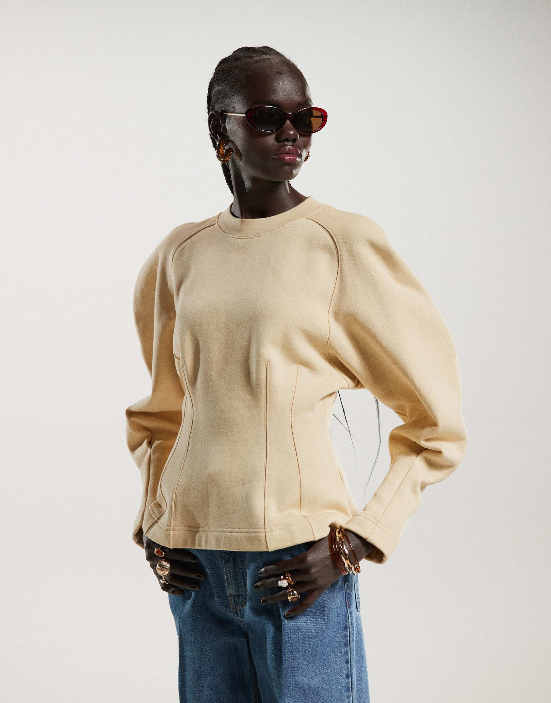 & other stories volume sleeve sweatshirt with corset detail in light yellow
