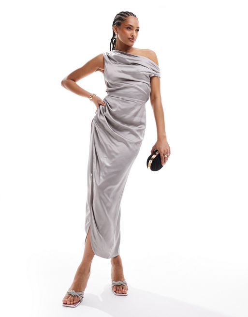 & Other Stories – Wadenlanges, drapiertes Satin-Kleid in Grau mit Seitenschlitz und abfallender Schulterpartie mit Wasserfall-Design