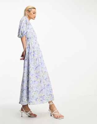 & Other Stories gather sleeve midaxi dress in blue floral - ASOS Price Checker