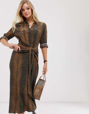 & Other Stories waist knot long sleeves midi dress in croc print-Multi