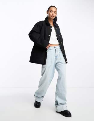 & Other Stories & Other Stories waxed cocoon jacket with asymmetric snap clasp front-Black