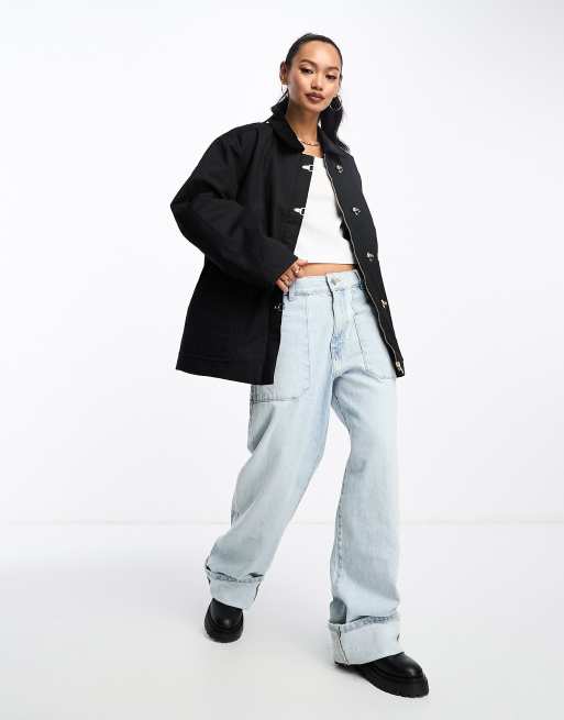 & Other Stories waxed cocoon jacket with asymmetric snap clasp front