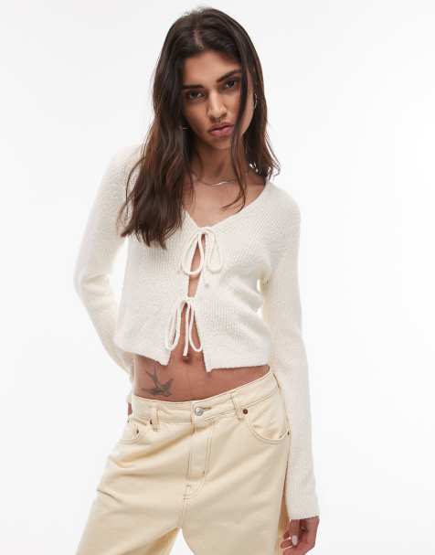 & Other Stories textured knit cardigan with tie front in off white