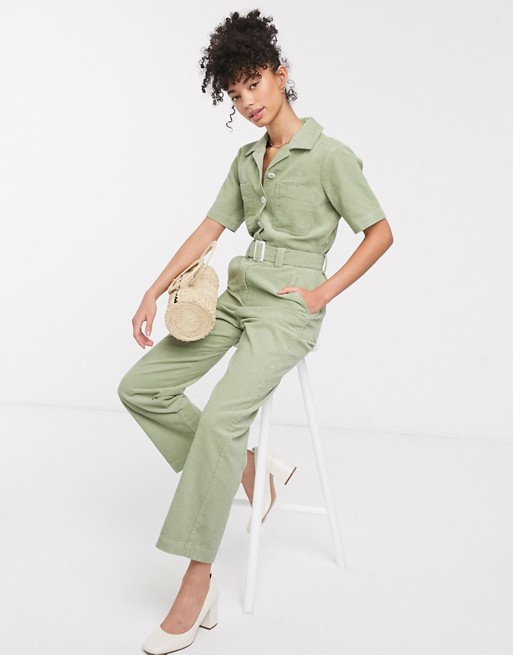 & Other Stories wide leg cord utility jumpsuit in light green