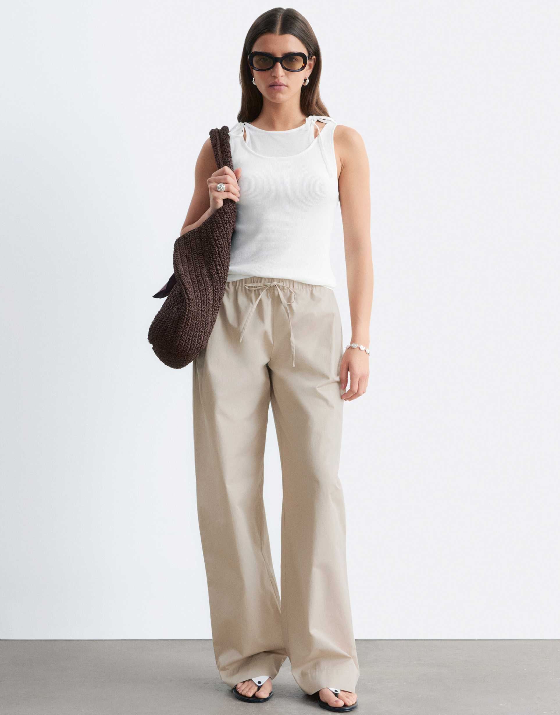 & other stories wide leg cotton pull on pants in beige