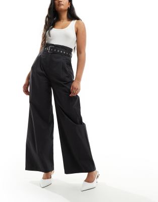 Other Stories &  Wide Leg Pants With Utility Eyelet Belt In Black