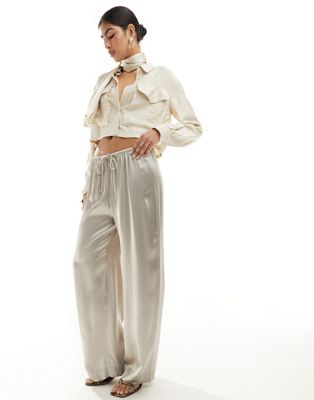 & Other Stories wide leg satin drawstring trousers in ecru