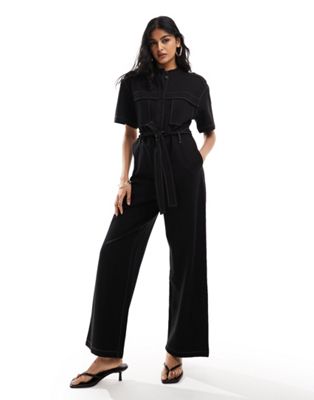 & Other Stories wide leg stretch jumpsuit with tie waist and utility pockets in black