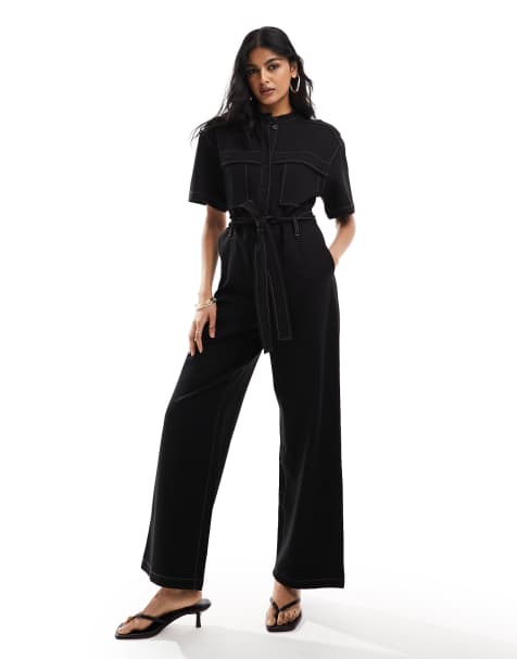 & Other Stories wide leg stretch jumpsuit with tie waist and utility pockets in black - view 1
