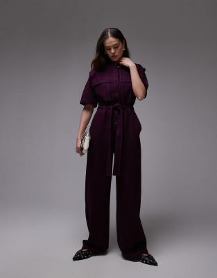 & Other Stories wide leg stretch jumpsuit with tie waist and utility pockets in dark lilac-Purple