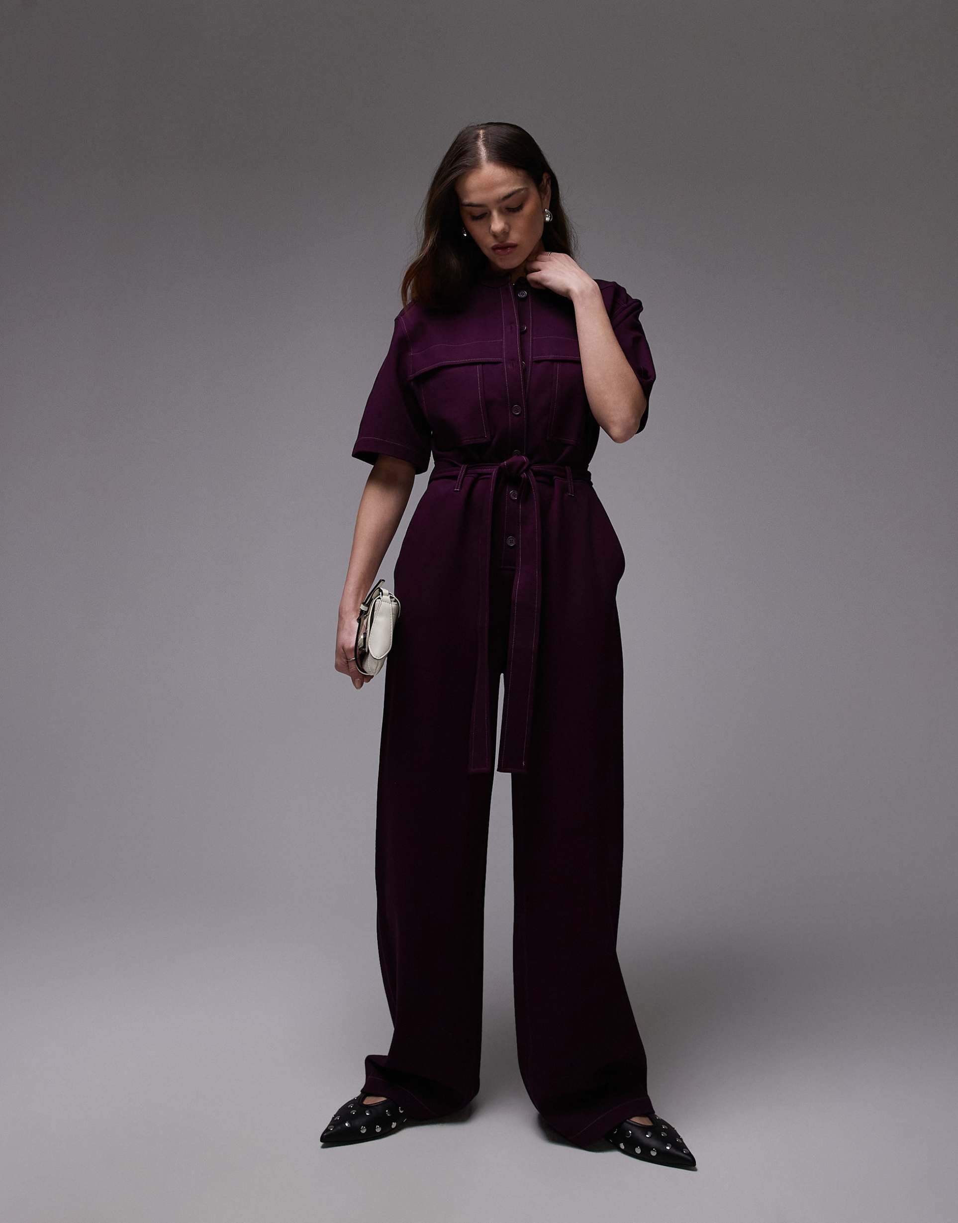 & other stories wide leg stretch jumpsuit with tie waist and utility pockets in dark lilac