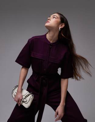 & OTHER STORIES WIDE LEG STRETCH JUMPSUIT WITH TIE WAIST AND UTILITY POCKETS 