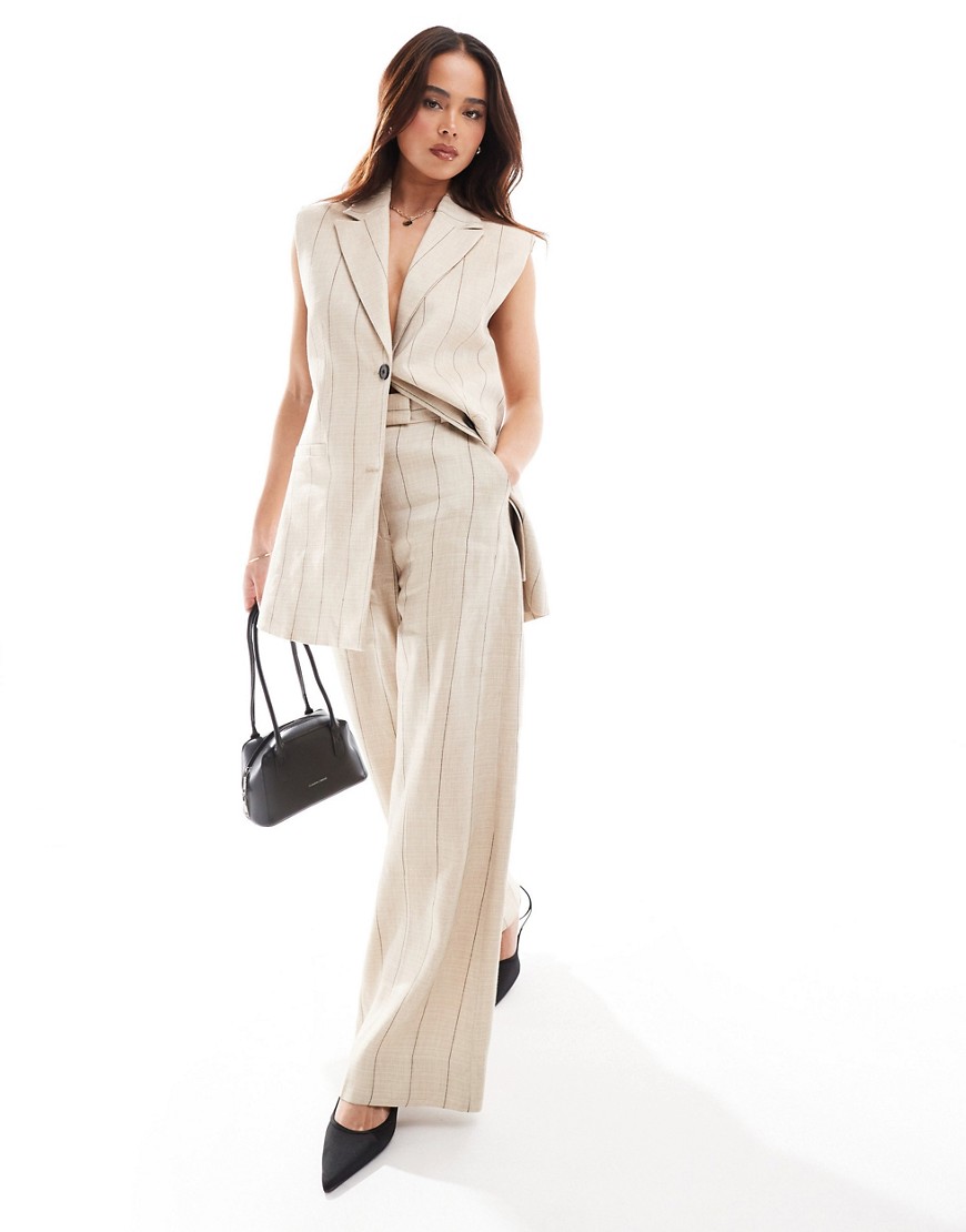& Other Stories wide leg tailored trousers in beige with black pinstripes-Neutral