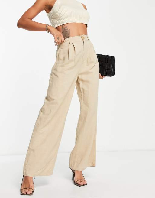 & Other Stories wide leg trousers with pleat front in beige linen | ASOS