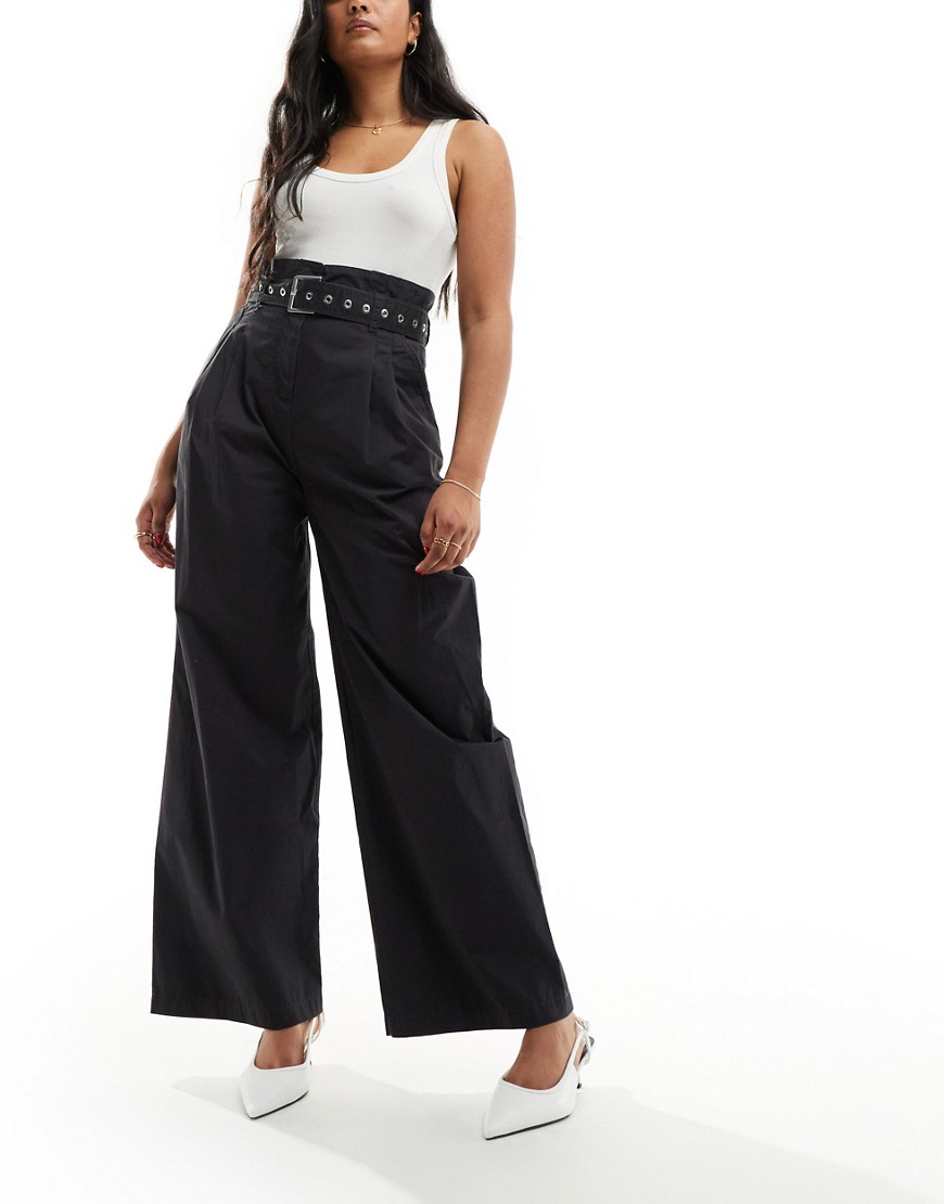 & Other Stories wide leg trousers with utility eyelet belt in black