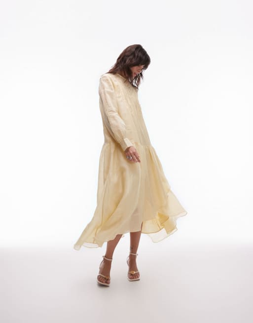 & Other Stories - Wijde maxi jurk met textuur, stroken, ruches en kant in beige