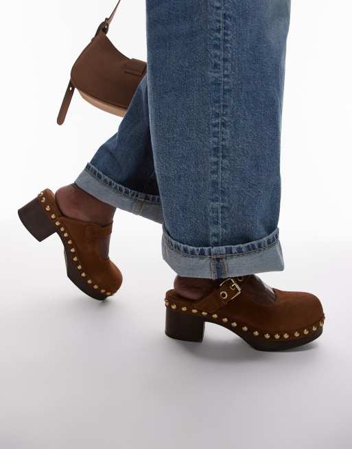 & Other Stories wooden sole heeled clogs in cognac brown