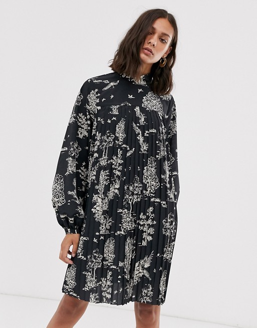 & Other Stories woodland print pleated mini dress in black
