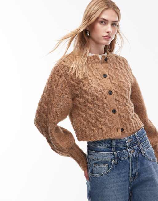 & Other Stories wool and alpaca knitted cable cardigan with puff sleeves and front buttons in multi colour mixed yarn