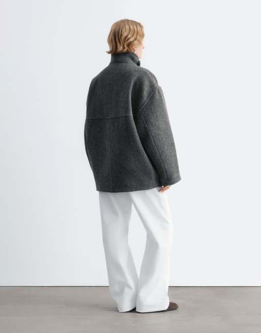 & Other Stories wool and casshmere blend short funnel neck jacket in black herringbone, 3 of 4