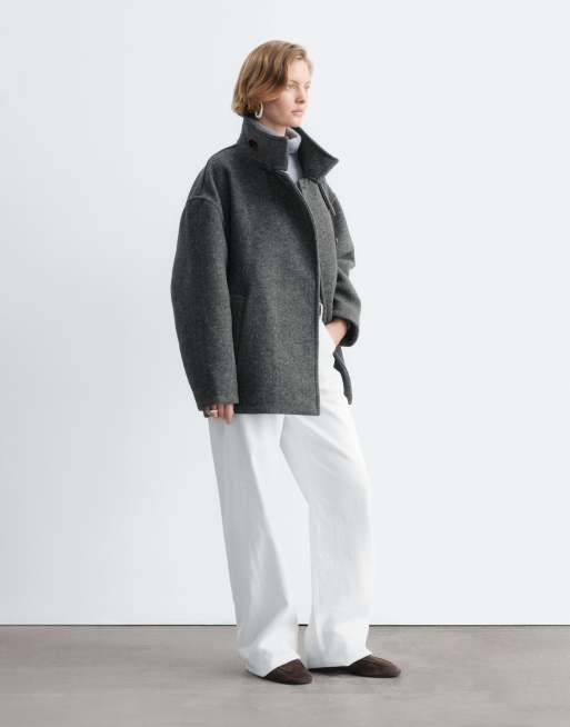 & Other Stories wool and casshmere blend short funnel neck jacket in black herringbone, 4 of 4