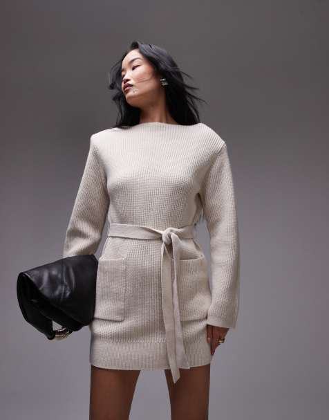 & Other Stories wool and cotton blend  knitted  rib mini dress with tie waist in cream - view 1