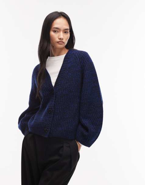 & Other Stories wool and cotton blend V-neck cable cardigan in blue and black twist - view 1